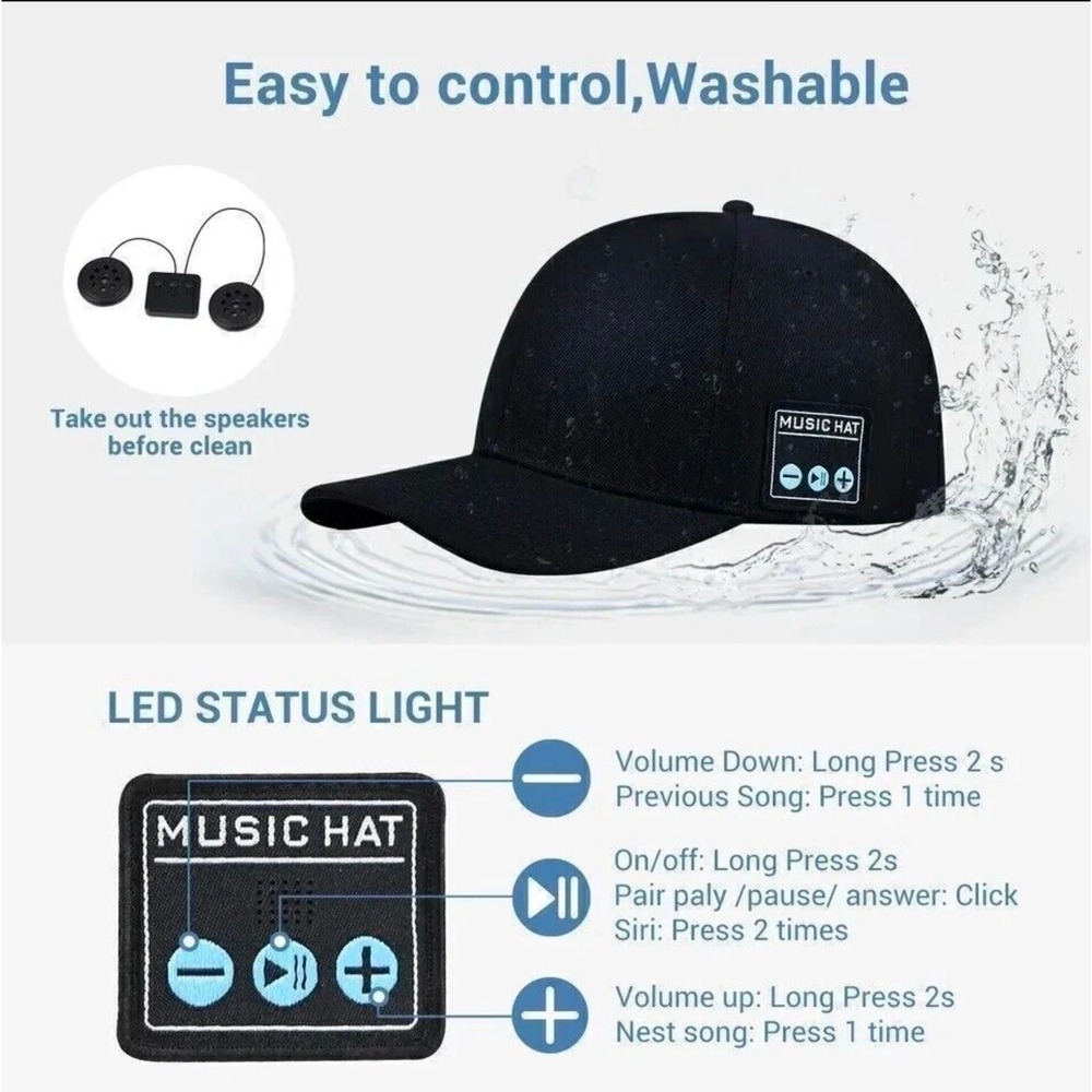 Music Hat Bluetooth Baseball Cap‎ Unisex Navy Blue New Wireless